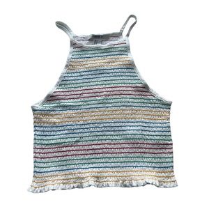 Forever 21 Womens Sz Small White & Rainbow Smocked Raglan Neckline Crop Tank Top
